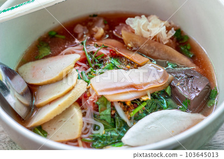 Yentafo Noodles Soup, Red Sauce Noodle Soup, Thailand Street Food Yentafo Noodles Soup, Red Sauce Noodle Soup, Thailand Street Food 103645013