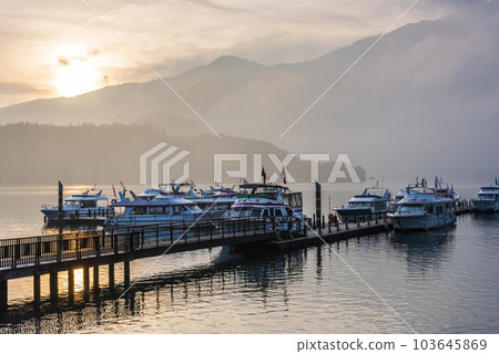 Sunrise view of yacht Marina in Sun Moon Lake, Nantou, Taiwan. it's a famous attraction in Taiwan. 103645869