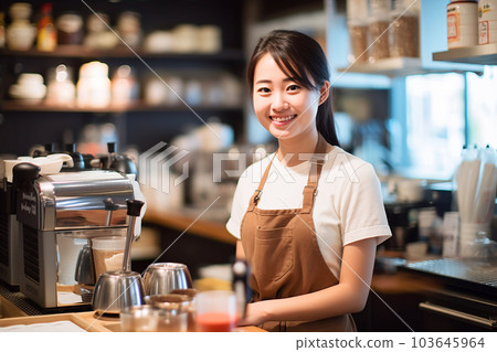 AI 生成的圖像在咖啡館兼職的年輕日本女性 103645964