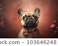 Fun french bulldog puppy dog with sunglasses sitting in a suitcase. Generative ai image 103646248