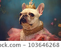 Fun french bulldog puppy dog with sunglasses sitting in a suitcase. Generative ai image 103646268