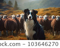 Cute border collie dog guards a flock of sheep. Generative ai images 103646270