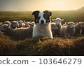 Cute border collie dog guards a flock of sheep. Generative ai images 103646279