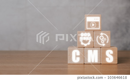 CMS, Content management system concept, Wooden block with Content management system icon on virtual screen background, business web computer website administration. 103646618