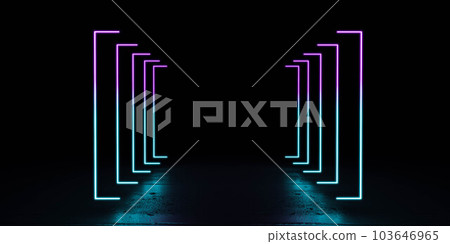 Illustration of a dark room with a long line of neon lights illuminating the space 3d render 103646965