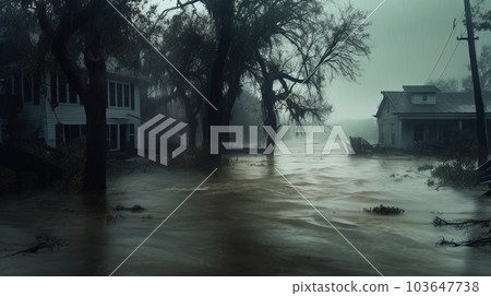 flood flood the river overflowed its banks. Natural disaster houses flooded with water. AI Generative 103647738