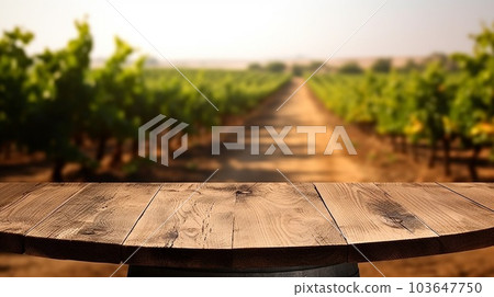 wooden empty table for mock up against blurred background with french vineyard. Ai Generative 103647750
