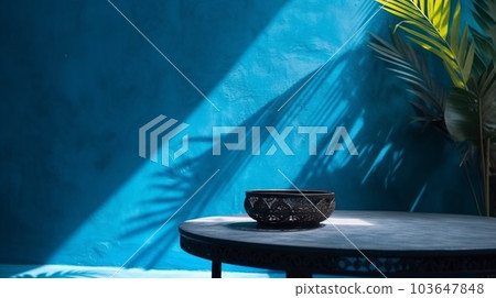 Blue empty table top and blue pattern wall with palm leaf shadows. Place for your product display. Ai Generative Blue empty table top and blue pattern wall with palm leaf shadows. Place for your product display. Ai Generative 103647848