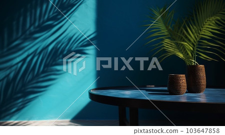 Blue empty table top and blue pattern wall with palm leaf shadows. Place for your product display. Ai Generative 103647858