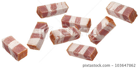 Italian pancetta, bacon cubes isolated on white background 103647862