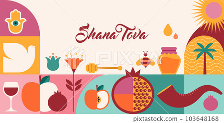 Rosh Hashanah background, banner with icons in flat geometric style. Shana Tova, Happy Jewish New Rosh Hashanah background, banner with icons in flat geometric style. Shana Tova, Happy Jewish New 103648168