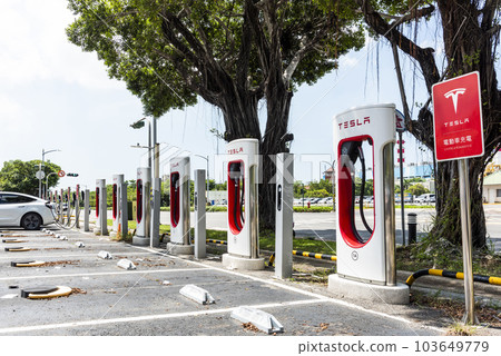Close-up of Tesla electric car charging station in Taiwan. 103649779