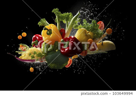 新鮮蔬菜在黑色背景上飛濺跳躍的“人工智能生成圖像” 103649994