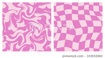 1970 Trippy Grid and Wavy Swirl Seamless Pattern Pack in Pink Color. Hand-Drawn Vector Illustration. Seventies Style, Groovy Background, Wallpaper, Print. Flat Design, Hippie Aesthetic. 103650860