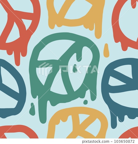1970 Liquid Peace Seamless Pattern in Rainbow Colour. Seventies Style, Psychedelic Print, Wallpaper. Hippie Aesthetic. Hand-Drawn Vector Illustration. Graphic Cover, T-shirt, Sticker, Social media. 103650872