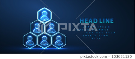 HR manage. Abstract 3d human hand hold leader icon in hexagon on top of people pyramid. Manage human resurse, team leader, recruitment process, change personnel 103651120