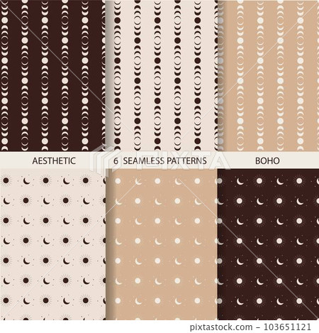 Aesthetic patterns. Boho patterns. Set of seamless pattern with sun and moon in boho and aesthetic style. Vector Illustration. 103651121