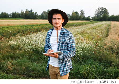 Farmer market. A diligent farmer meticulously inspects his crops in a vast agricultural field, focusing on the ripening ears of wheat. Vintage tint 103651194