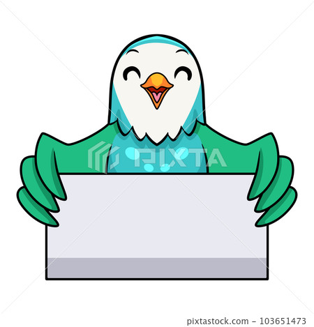 Cute blue turquoise bird cartoon holding blank sign 103651473