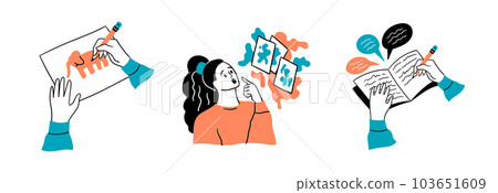 Cartoon Color Mental Health and Psychology Concept Set Flat Design Style. Vector illustration of Scene with Person in Art Therapy 103651609