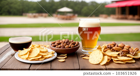 A freshly poured glass of light beer with foam and snacks, chips, nuts and sausages close-up on a wooden table in the background of a street pub or restaurant. Generative AI. 103651926