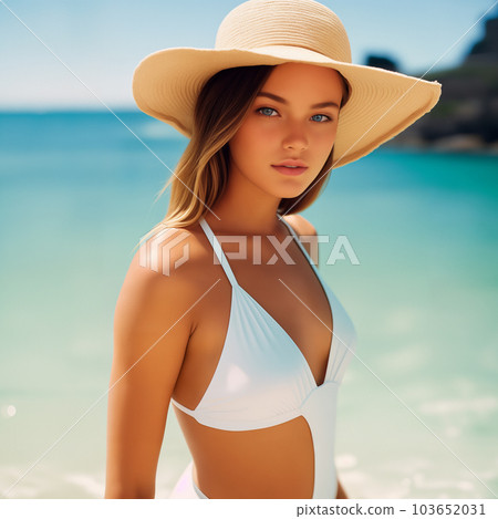 Attractive sexy blonde girl with long hair in a straw hat in a white swimsuit on a paradise beach on a sunny day on the shore of an exotic sea or ocean. Generative AI. Attractive sexy blonde girl with long hair in a straw hat in a white swimsuit on a paradise beach on a sunny day on the shore of an exotic sea or ocean. Generative AI. 103652031