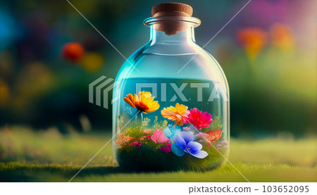 Natural colorful wild flowers growing in a closed glass bottle or jar outside on the grass on a sunny day. Botanical terrarium with its own ecosystem. Ecological idea to save the Earth. Generative AI. 103652095