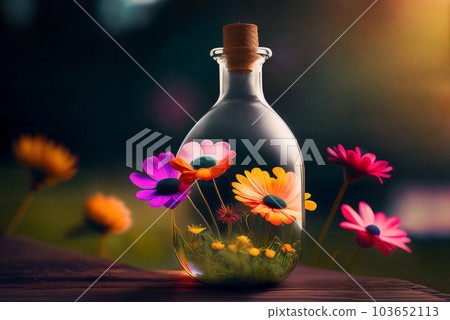 Natural flowers grow in a glass bottle or jar outside on the grass. Dramatic light. Botanical terrarium with its own ecosystem. The concept of air pollution and environmental ecology. Generative AI. 103652113