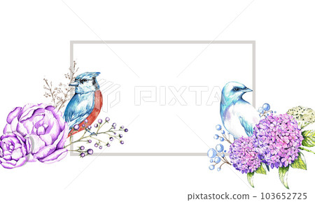a set of watercolor elements. Forest birds, flowers, juniper, rose hips for postcards and design 103652725