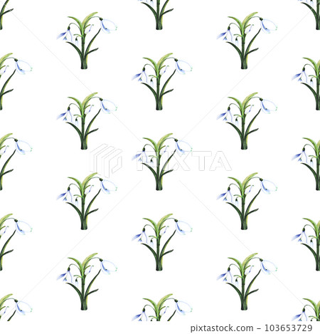 Bouquet of snowdrops. Blossoming bud with leaves. Watercolor seamless pattern. Can be used for textile design, paper products 103653729