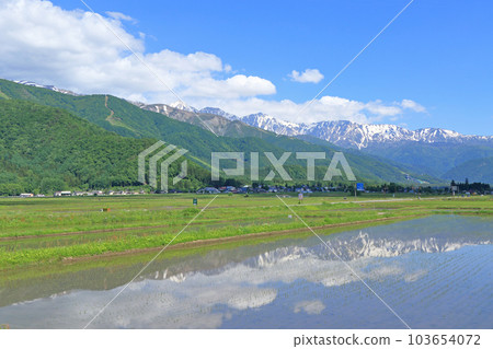 Hakuba village Northern Alps in early summer seen from the foot of the mountain Hakuba village Northern Alps in early summer seen from the foot of the mountain 103654072