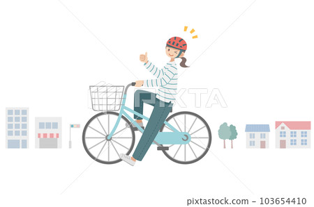 A woman riding a bicycle to meet the obligation to wear a helmet 103654410
