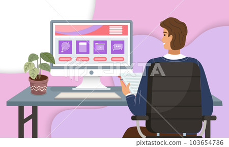 Young man university student watching online class sitting in front of computer at a table 103654786