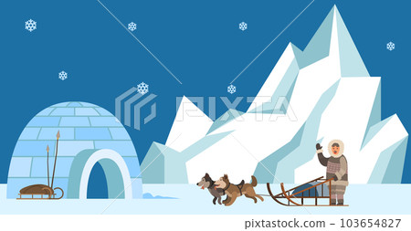 Eskimo harnesses dog for sleigh rides and waves his hand. Igloo indigenous person prepares to travel Eskimo harnesses dog for sleigh rides and waves his hand. Igloo indigenous person prepares to travel 103654827