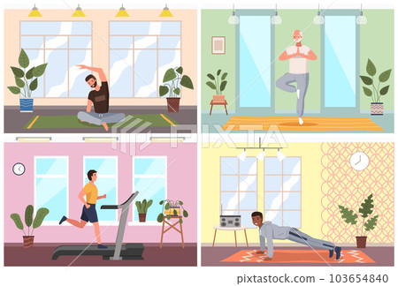 Sport at home scenes set. Training during quarantine. People go in for sports. Stay home concept Sport at home scenes set. Training during quarantine. People go in for sports. Stay home concept 103654840