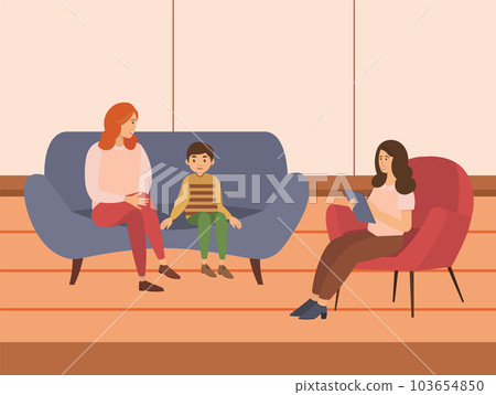 Conversation between mother, child and female psychologist or psychotherapist. Family psychotherapy 103654850