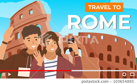 Happy smiling tourists shoot video on phone stand near historical landmark of italy coliseum 103654893