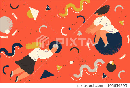 People flying in abstract imaginary space organizing different geometric shapes. Teamwork concept 103654895