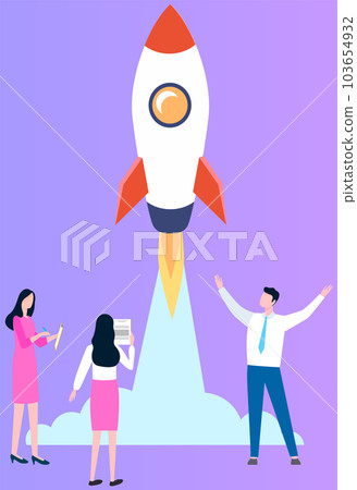 Happy people cheerfully escort space rocket upward. Project start up and development process 103654932