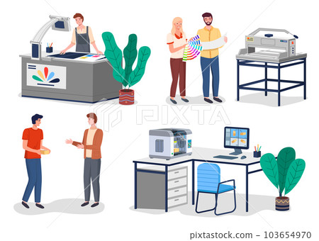 Printing house different equipment set. Printer plotter, offset cutting machines and people workers 103654970
