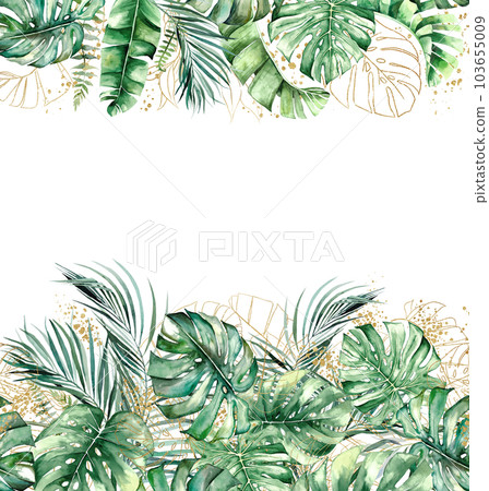 Border made with green and golden watercolor tropical leaves, isolated wedding illustration Border made with green and golden watercolor tropical leaves, isolated wedding illustration 103655009