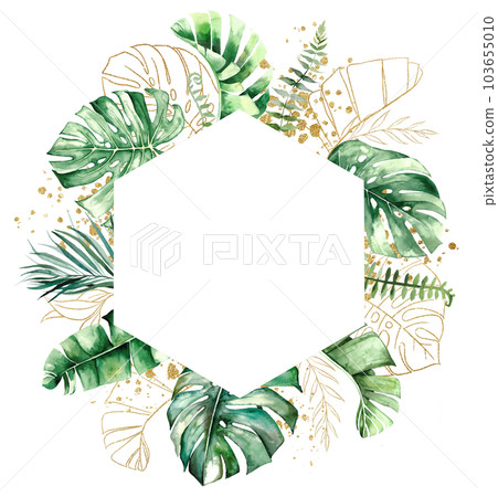 Frame made with green and golden watercolor tropical leaves, isolated wedding illustration Frame made with green and golden watercolor tropical leaves, isolated wedding illustration 103655010
