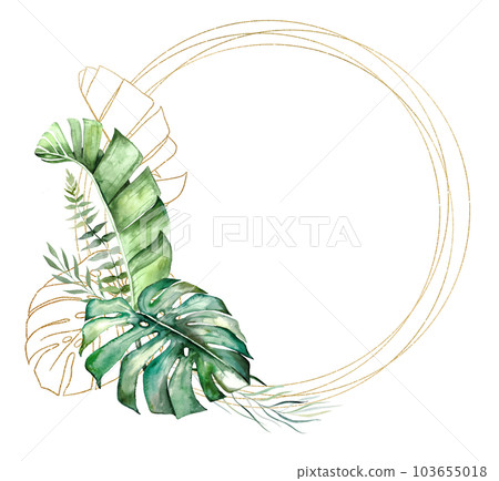 Frame made with green and golden watercolor tropical leaves, isolated wedding illustration Frame made with green and golden watercolor tropical leaves, isolated wedding illustration 103655018