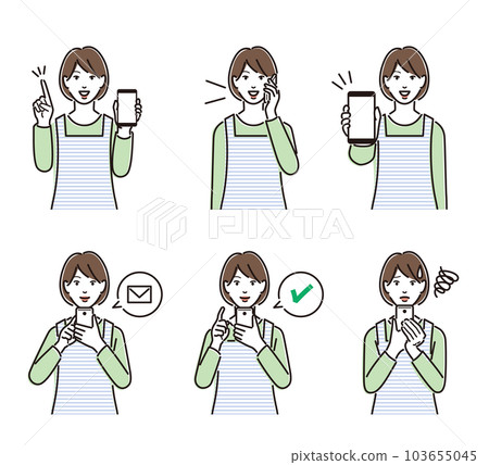 A set of poses for a woman in an apron holding... - Stock Illustration ...