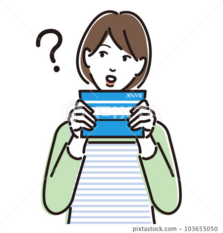 A woman in an apron who thinks while looking at a passbook 103655050