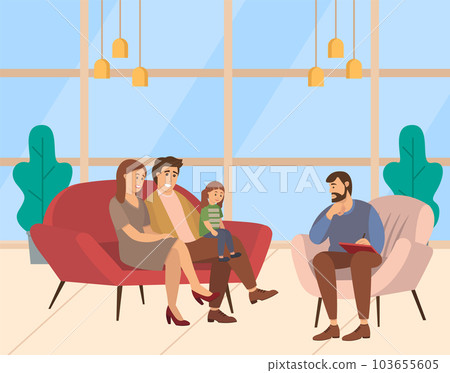 Conversation between parents, child and a man psychologist or psychotherapist. Family psychotherapy Conversation between parents, child and a man psychologist or psychotherapist. Family psychotherapy 103655605