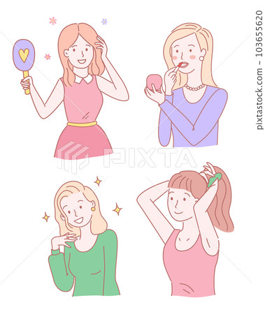 Smiling beautiful girl in various poses in action. Looks in the mirror smarten up, doing hairstyle 103655620