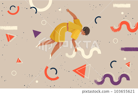 A man flying in abstract imaginary space organizing different geometric shapes. Teamwork concept A man flying in abstract imaginary space organizing different geometric shapes. Teamwork concept 103655621