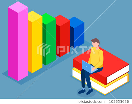 Man studies statistics. Data analysis on diagram. Guy work with laptop sitting on stack of books 103655626