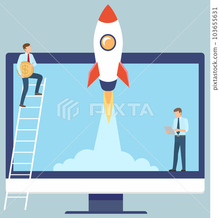 Business team make new project standing near laptop, start up concept. Rocket takes off into sky 103655631